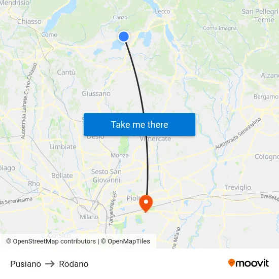 Pusiano to Rodano map