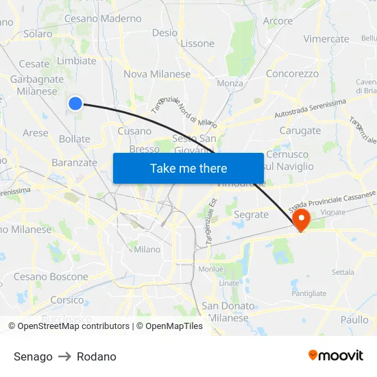 Senago to Rodano map