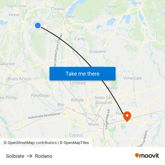 Solbiate to Rodano map