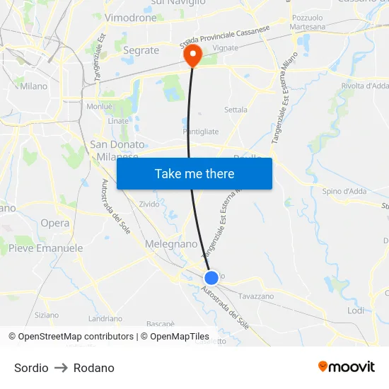 Sordio to Rodano map