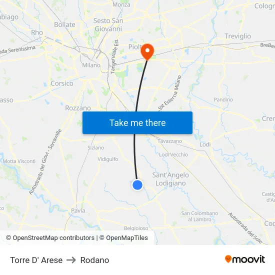 Torre D' Arese to Rodano map