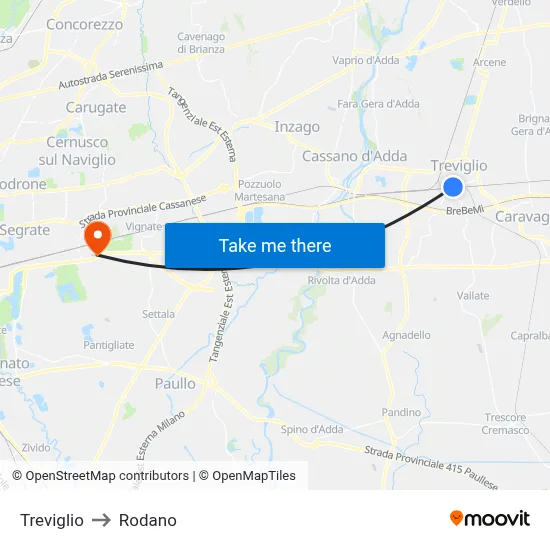 Treviglio to Rodano map