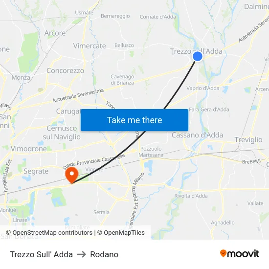 Trezzo Sull' Adda to Rodano map