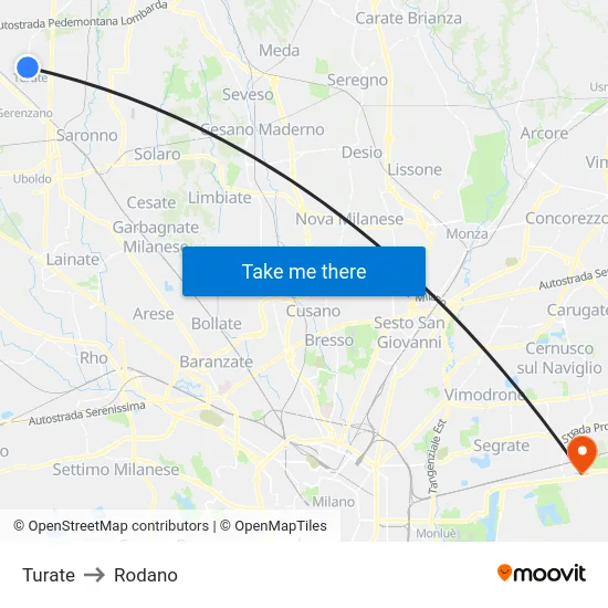 Turate to Rodano map