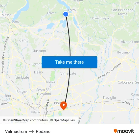 Valmadrera to Rodano map