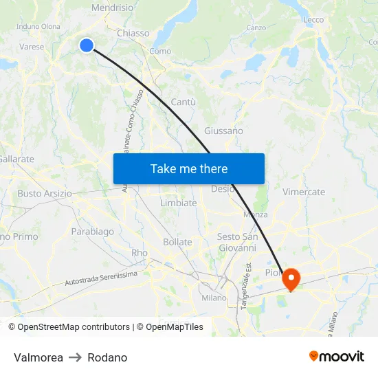 Valmorea to Rodano map