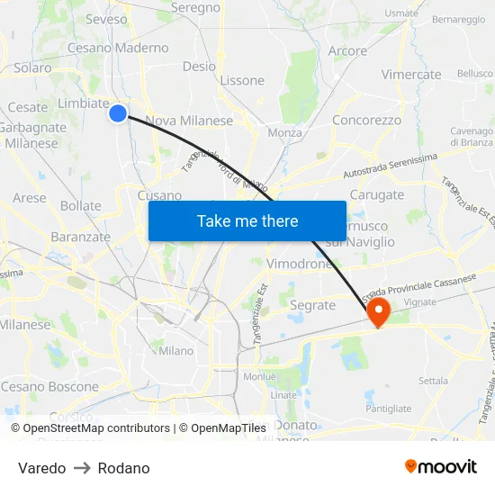 Varedo to Rodano map