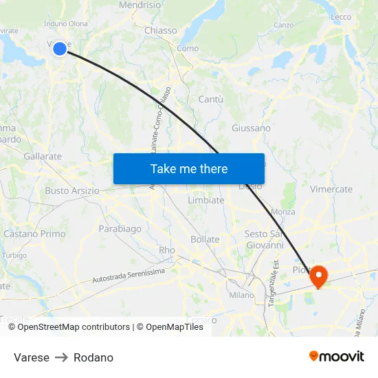Varese to Rodano map