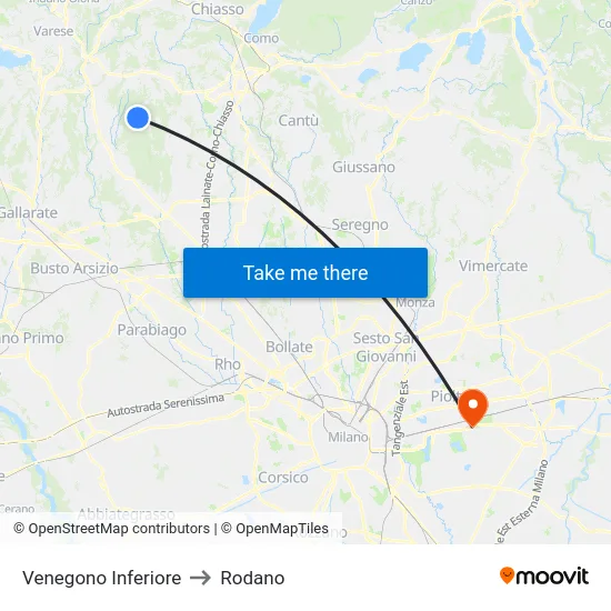 Venegono Inferiore to Rodano map