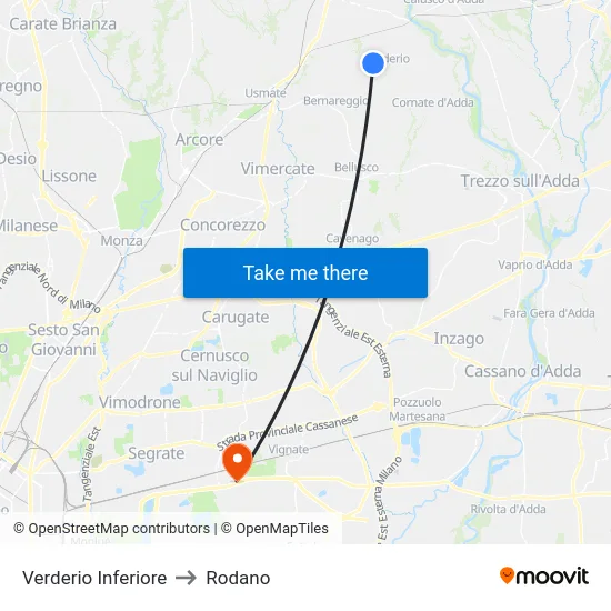 Verderio Inferiore to Rodano map