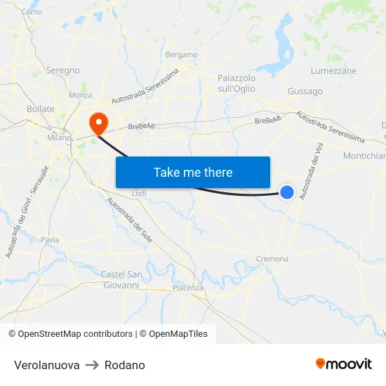 Verolanuova to Rodano map