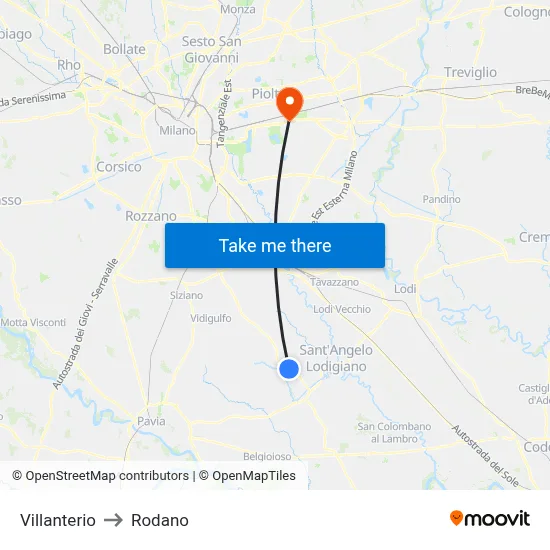 Villanterio to Rodano map