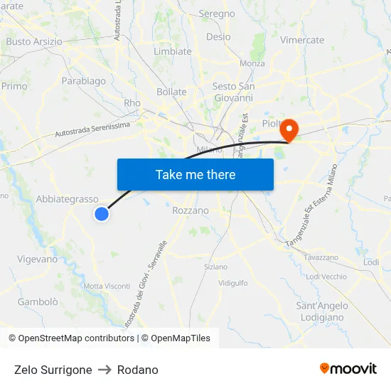 Zelo Surrigone to Rodano map