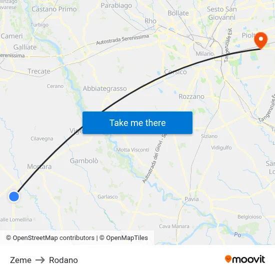 Zeme to Rodano map