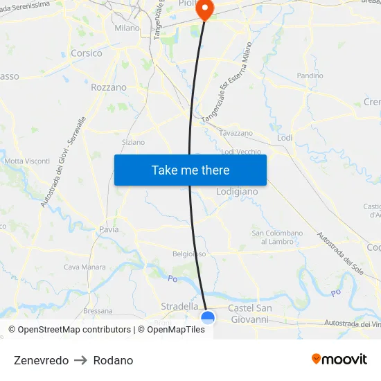 Zenevredo to Rodano map