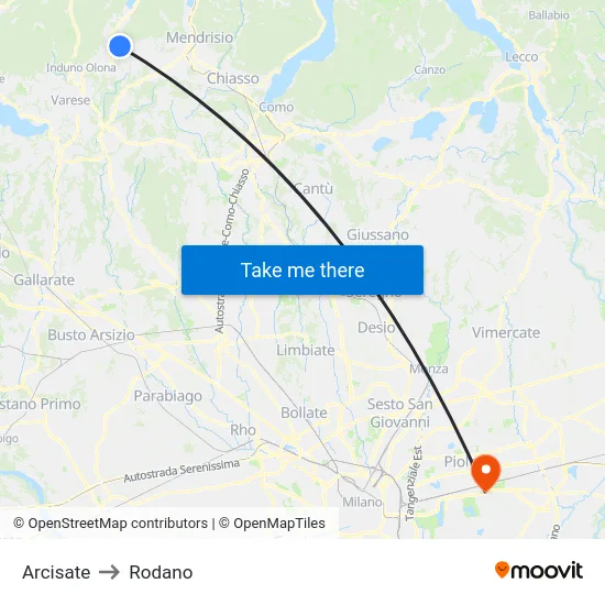 Arcisate to Rodano map