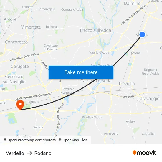 Verdello to Rodano map