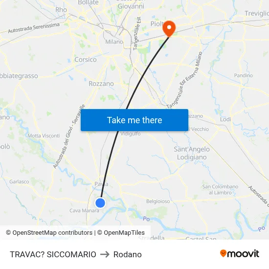 Travacò Siccomario to Rodano map
