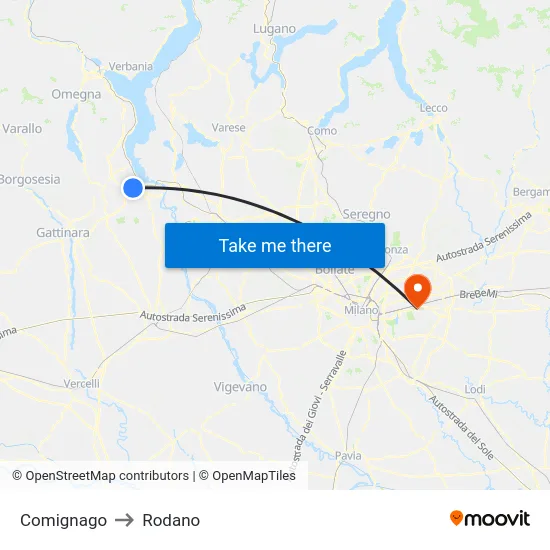 Comignago to Rodano map