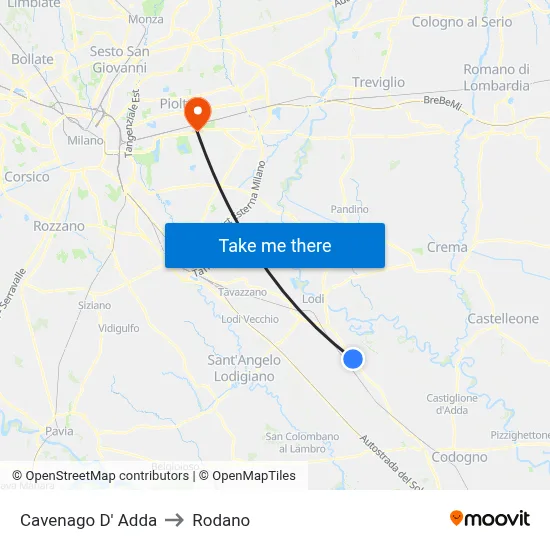 Cavenago D' Adda to Rodano map