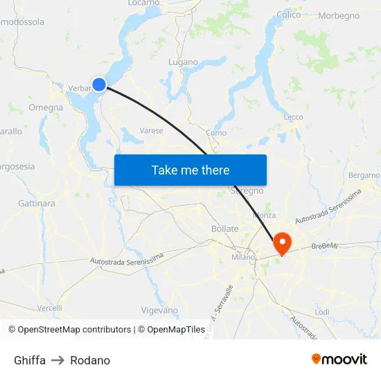 Ghiffa to Rodano map