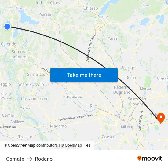 Osmate to Rodano map