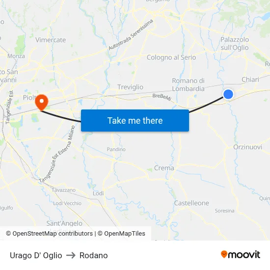 Urago D' Oglio to Rodano map