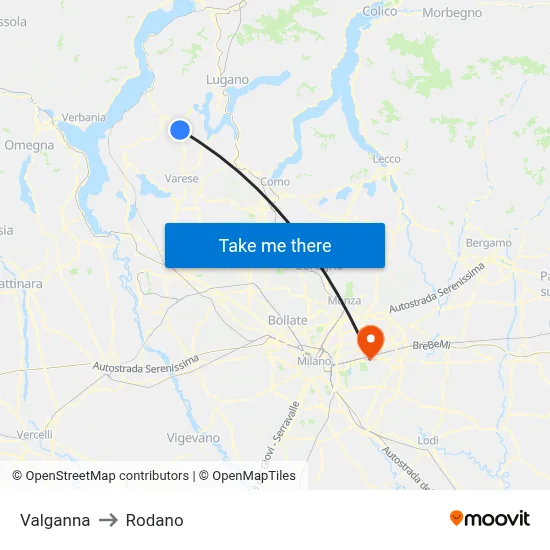 Valganna to Rodano map
