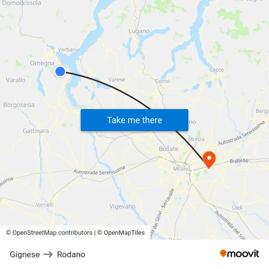 Gignese to Rodano map