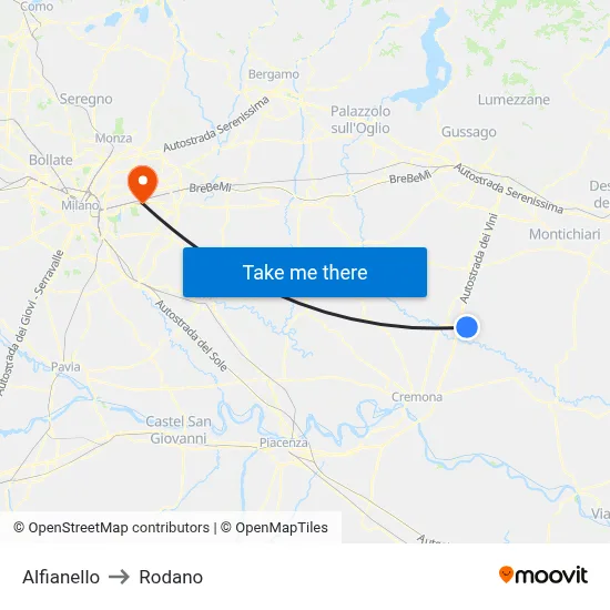 Alfianello to Rodano map
