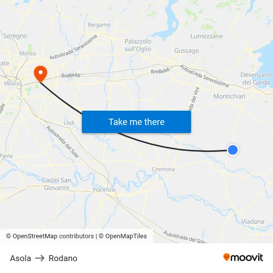 Asola to Rodano map