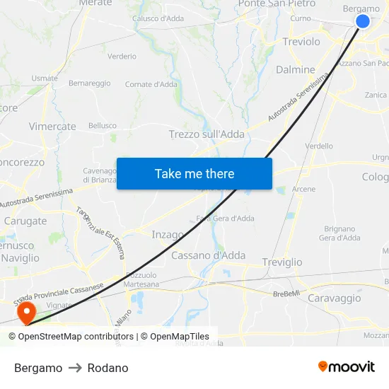 Bergamo to Rodano map