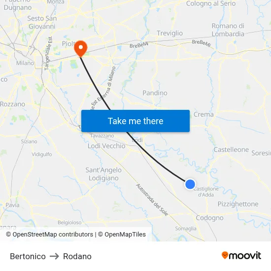 Bertonico to Rodano map