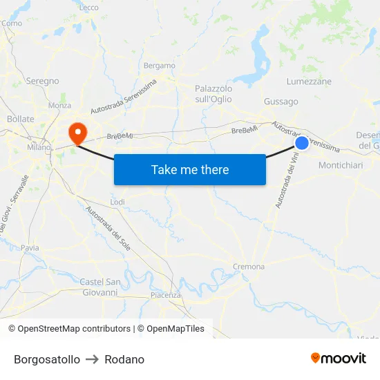 Borgosatollo to Rodano map
