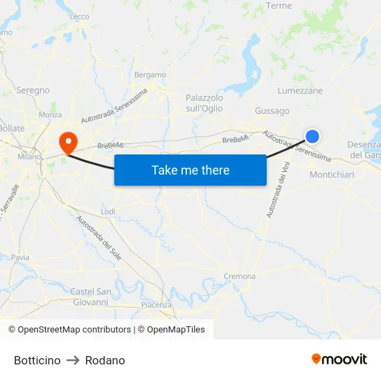Botticino to Rodano map