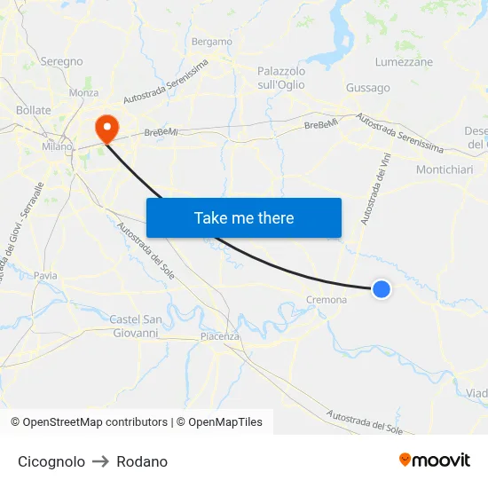 Cicognolo to Rodano map