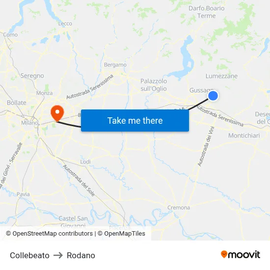 Collebeato to Rodano map