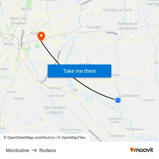 Montodine to Rodano map