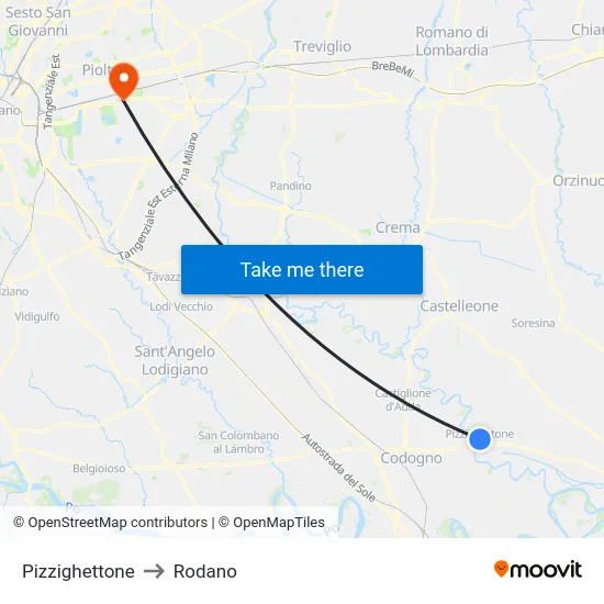 Pizzighettone to Rodano map