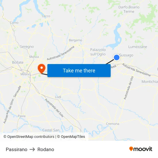 Passirano to Rodano map