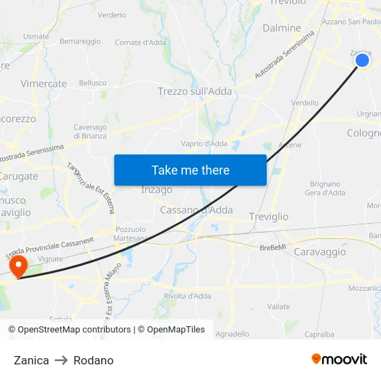 Zanica to Rodano map