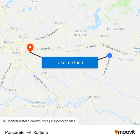 Poncarale to Rodano map