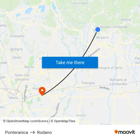 Ponteranica to Rodano map