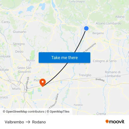 Valbrembo to Rodano map