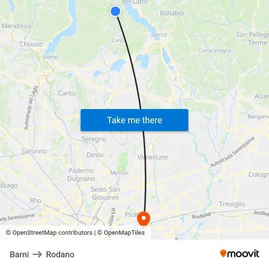 Barni to Rodano map