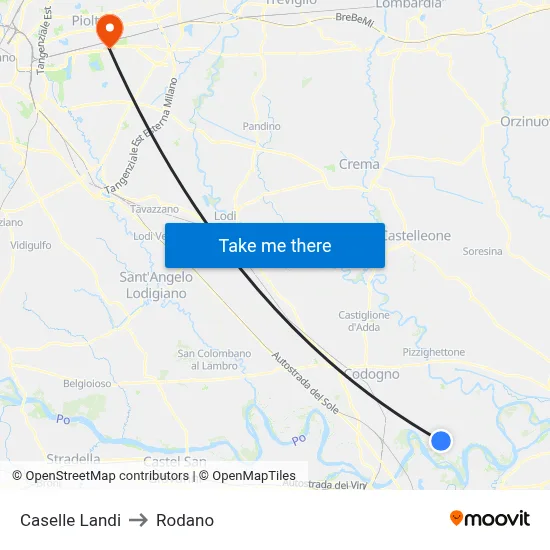 Caselle Landi to Rodano map
