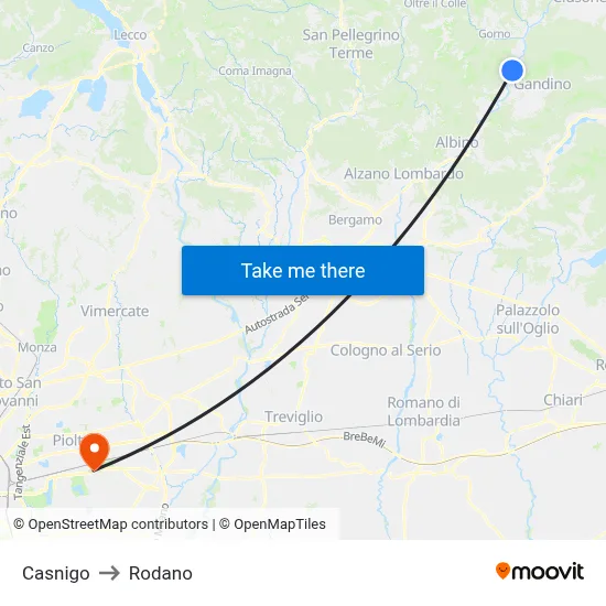 Casnigo to Rodano map