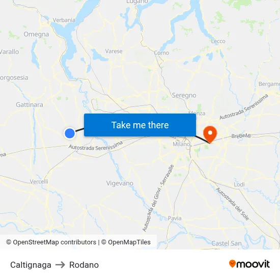 Caltignaga to Rodano map