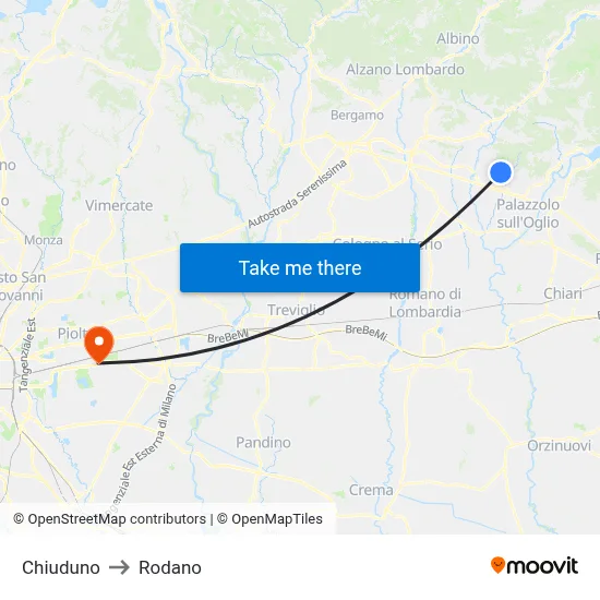 Chiuduno to Rodano map