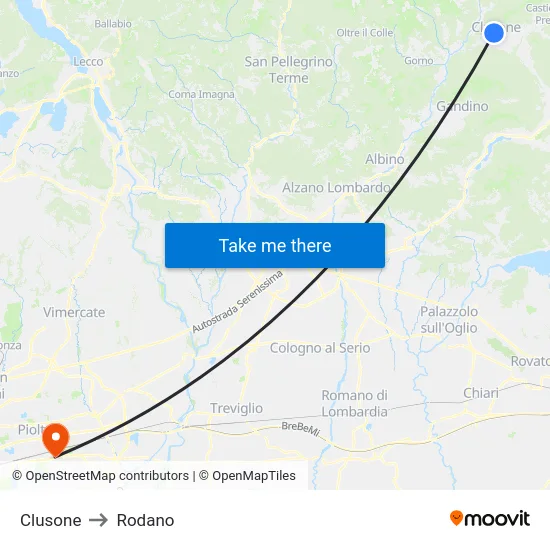 Clusone to Rodano map